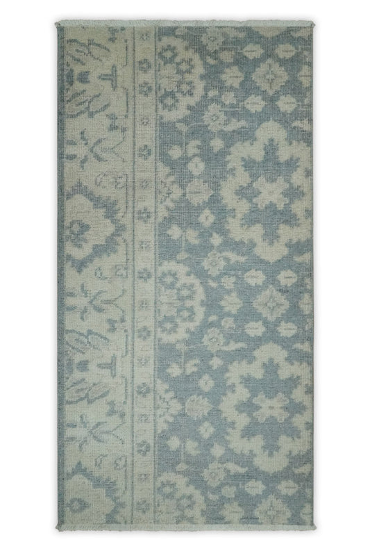 Antique Style Ivory and Charcoal Hand Knotted Traditional Oushak 2x4 wool Bedside Rug - Marsh and Manor Collective