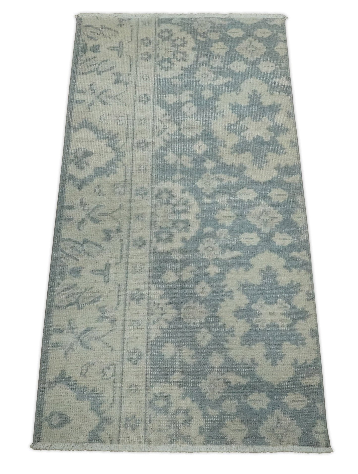 Antique Style Ivory and Charcoal Hand Knotted Traditional Oushak 2x4 wool Bedside Rug - Marsh and Manor Collective