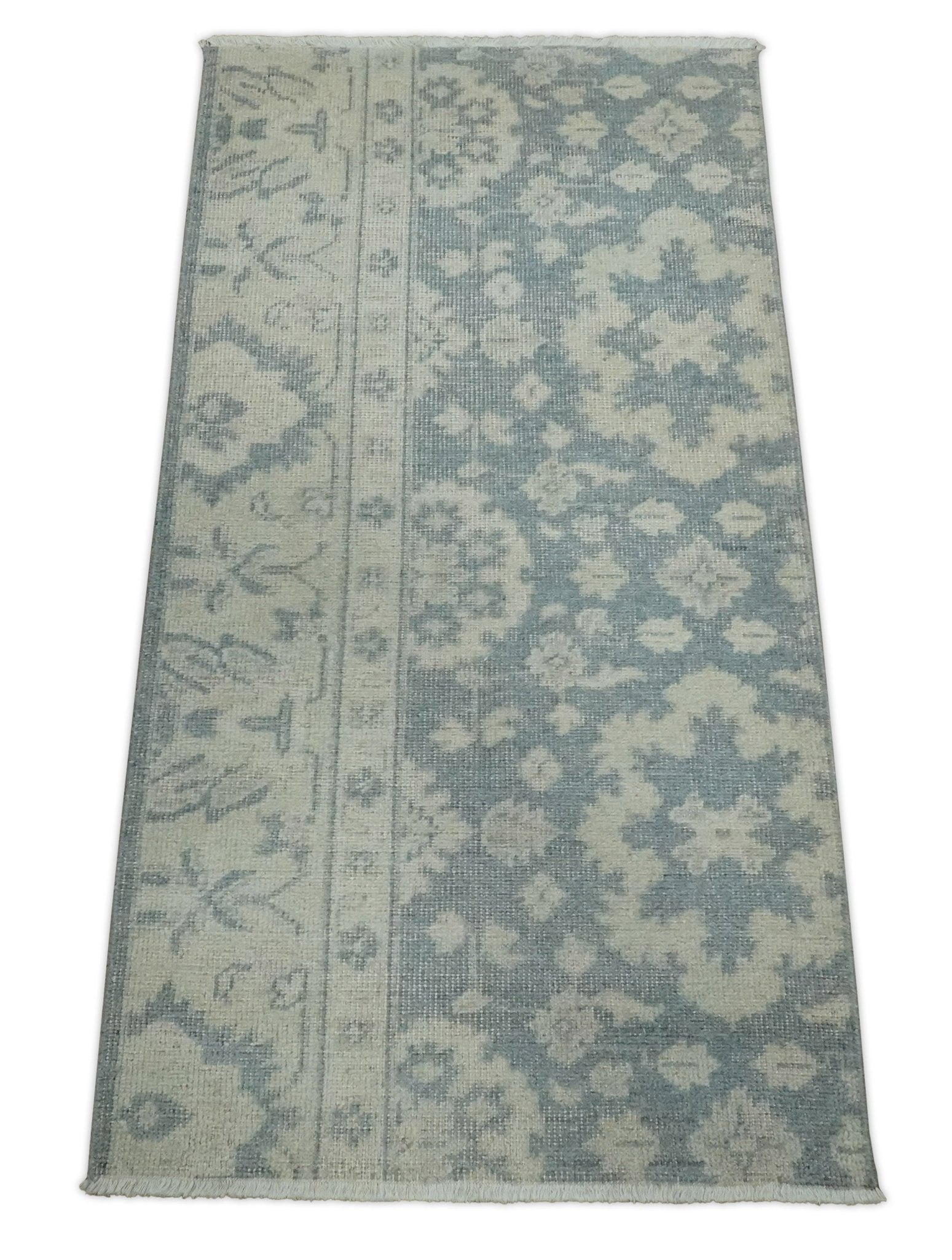 Antique Style Ivory and Charcoal Hand Knotted Traditional Oushak 2x4 wool Bedside Rug - Marsh and Manor Collective