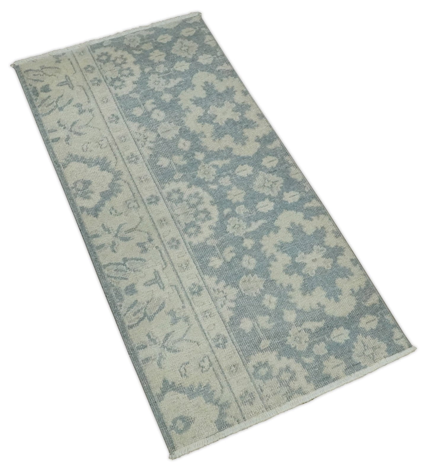 Antique Style Ivory and Charcoal Hand Knotted Traditional Oushak 2x4 wool Bedside Rug - Marsh and Manor Collective