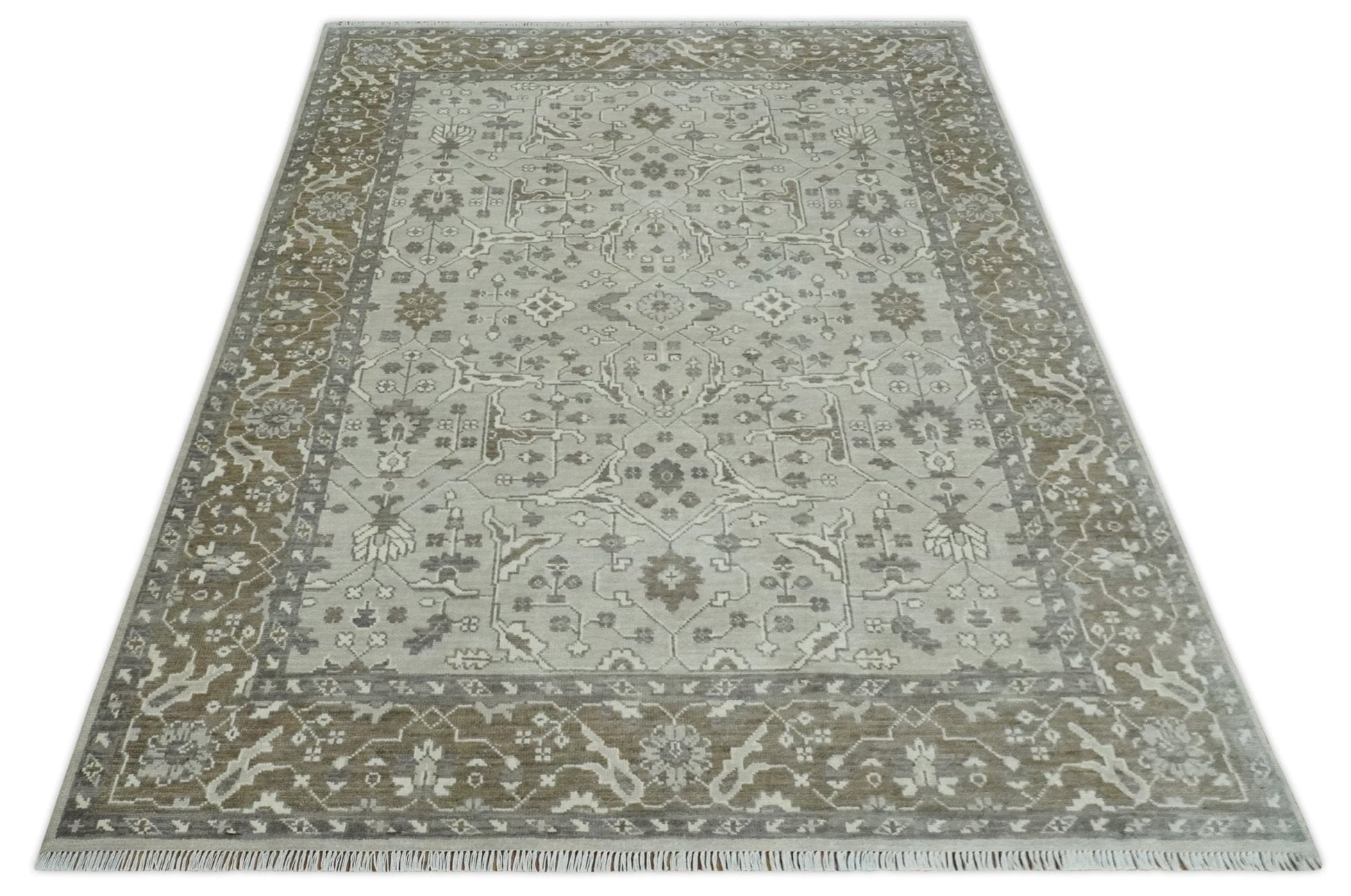 Antique Style Traditional Silver and Olive Oriental Oushak 8x10 wool Area Rug - Marsh and Manor Collective