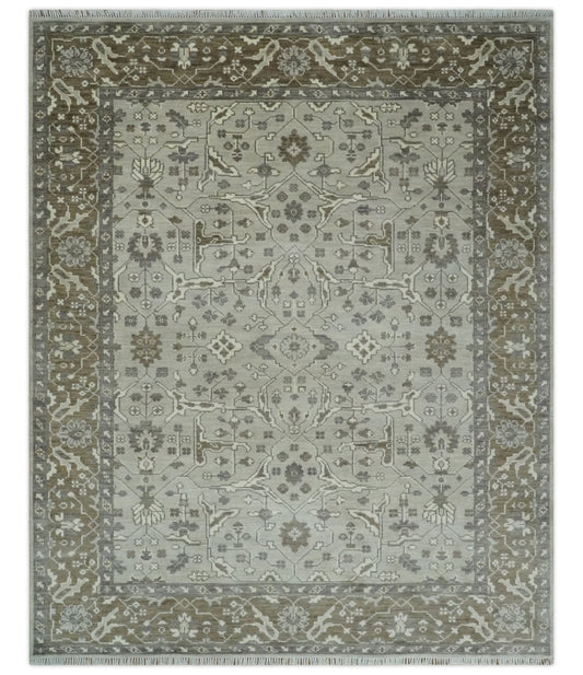 Antique Style Traditional Silver and Olive Oriental Oushak 8x10 wool Area Rug - Marsh and Manor Collective
