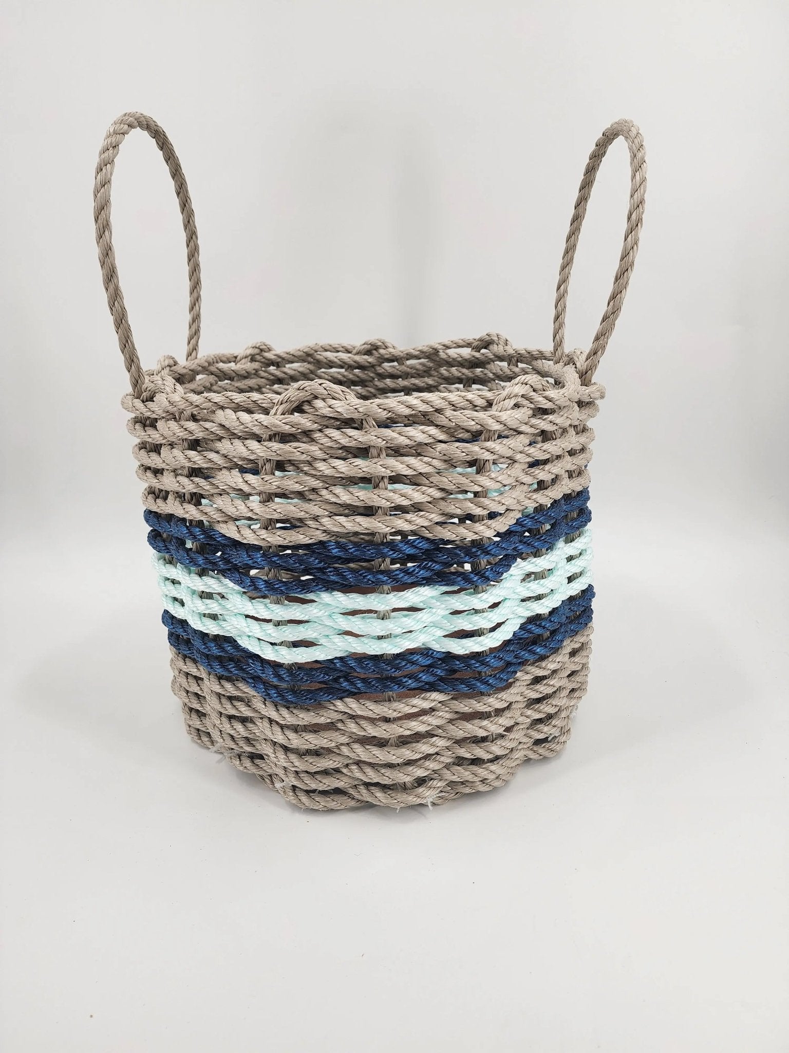Authentic Maine Lobster Rope Storage Basket Tan and Seafoam, Accent color choice - Marsh and Manor Collective