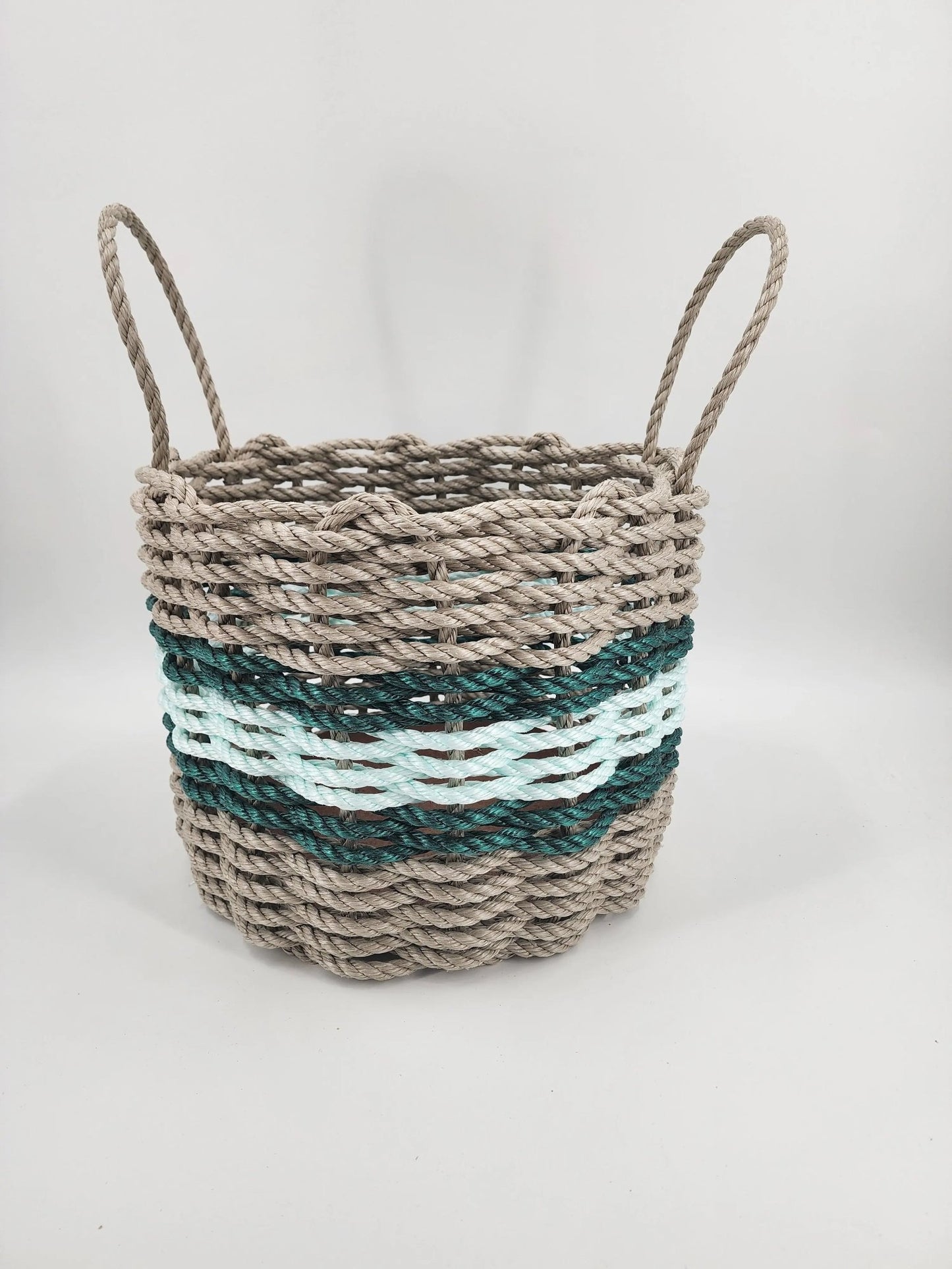Authentic Maine Lobster Rope Storage Basket Tan and Seafoam, Accent color choice - Marsh and Manor Collective