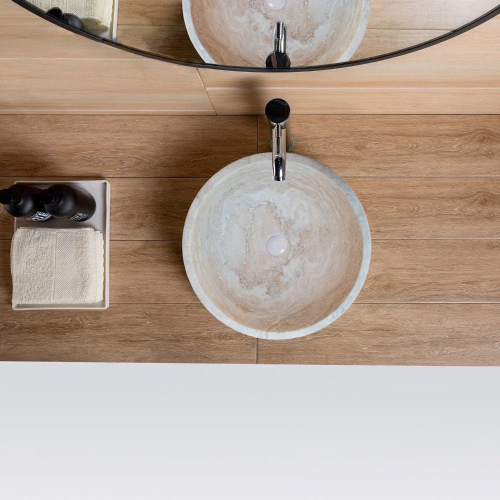 Beige Travertine Above Vanity Bathroom Vessel Sink Honed and Filled (D)18" (H)6" - Marsh and Manor Collective