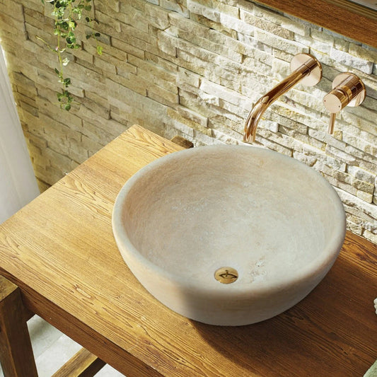 Beige Travertine Natural Stone Above Vanity Vessel Sink Honed and Filled (D)16" (H)6" - Marsh and Manor Collective