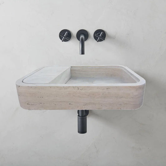 Beige Travertine Rectangular Wall - mount Bathroom Sink Hidden Drain (W)16" (L)24" (H)5" - Marsh and Manor Collective