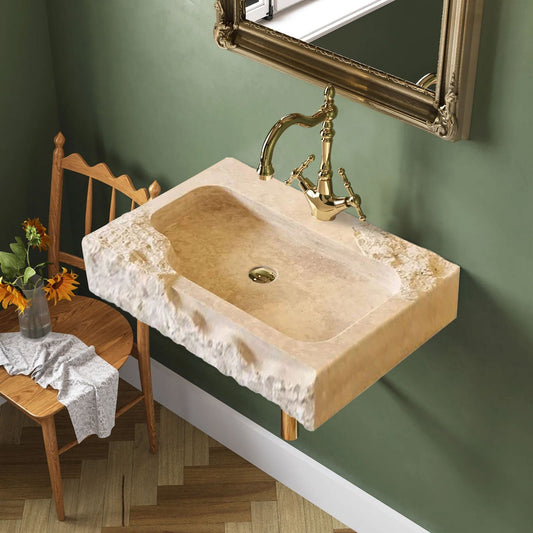 Beige Travertine Rectangular Wall - mount Bathroom Sink Rustic (W)16" (L)24" (H)5" - Marsh and Manor Collective