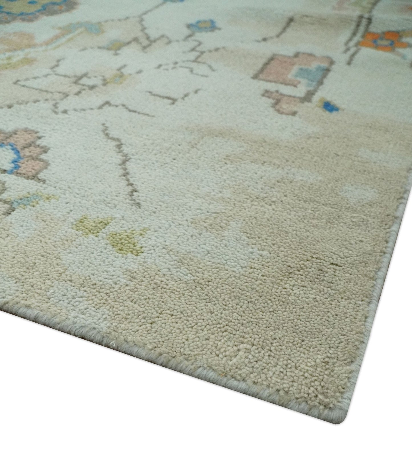 Colorful Ivory, Blue, Orange and Olive Hand Knotted Traditional Oriental Oushak Custom Made wool area Rug - Marsh and Manor Collective