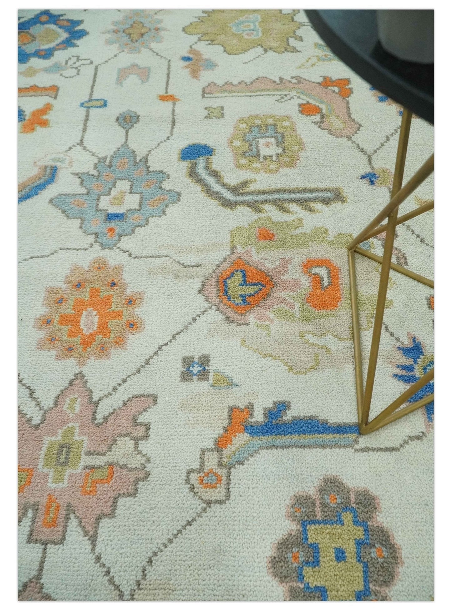 Colorful Ivory, Blue, Orange and Olive Hand Knotted Traditional Oriental Oushak Custom Made wool area Rug - Marsh and Manor Collective
