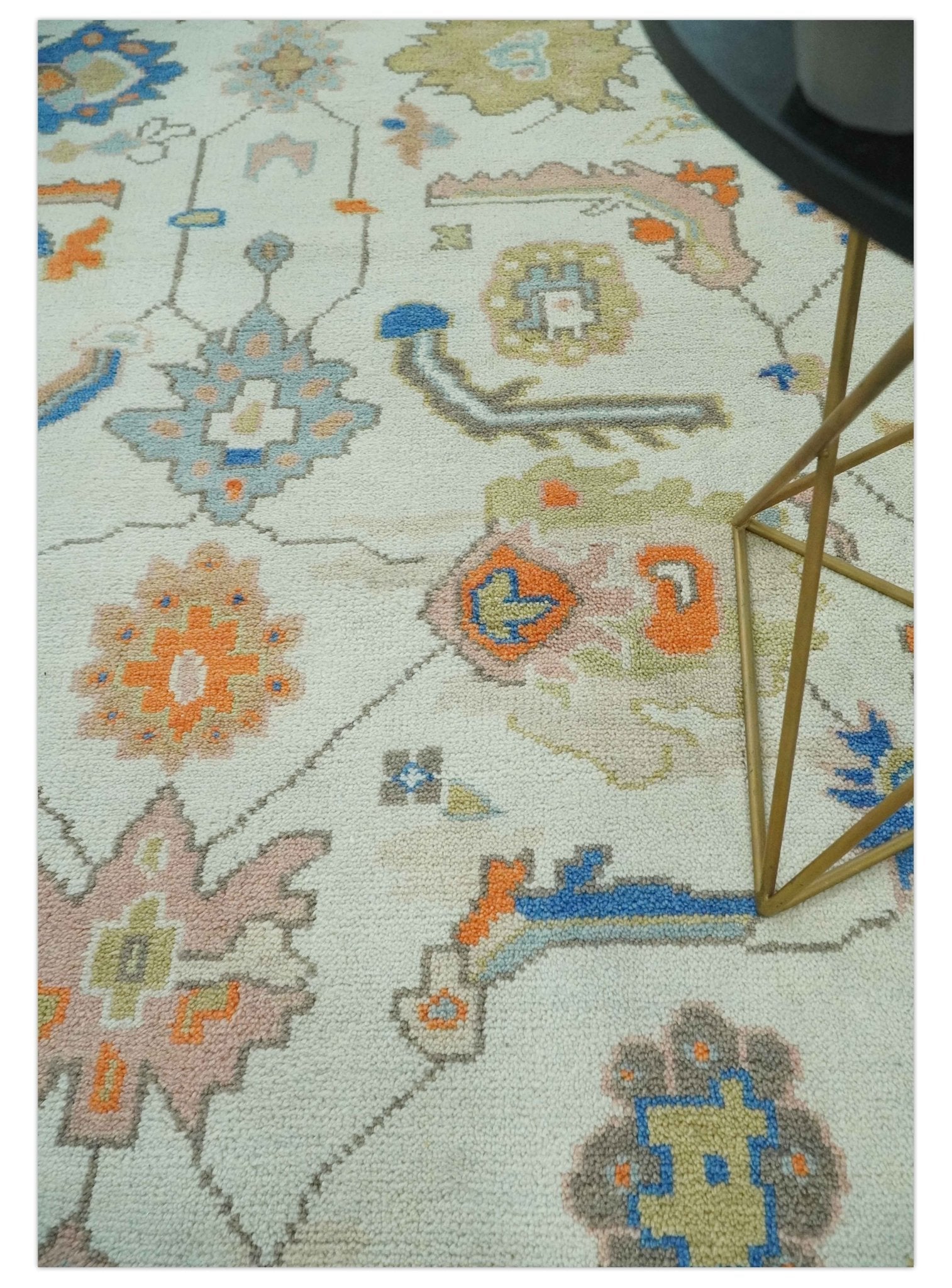 Colorful Ivory, Blue, Orange and Olive Hand Knotted Traditional Oriental Oushak Custom Made wool area Rug - Marsh and Manor Collective