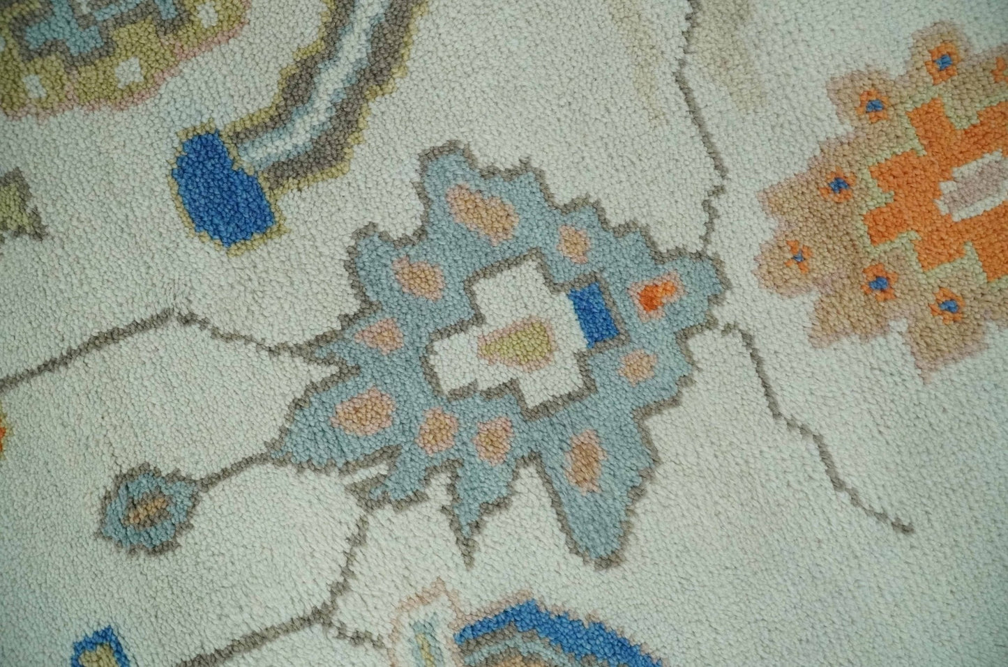 Colorful Ivory, Blue, Orange and Olive Hand Knotted Traditional Oriental Oushak Custom Made wool area Rug - Marsh and Manor Collective