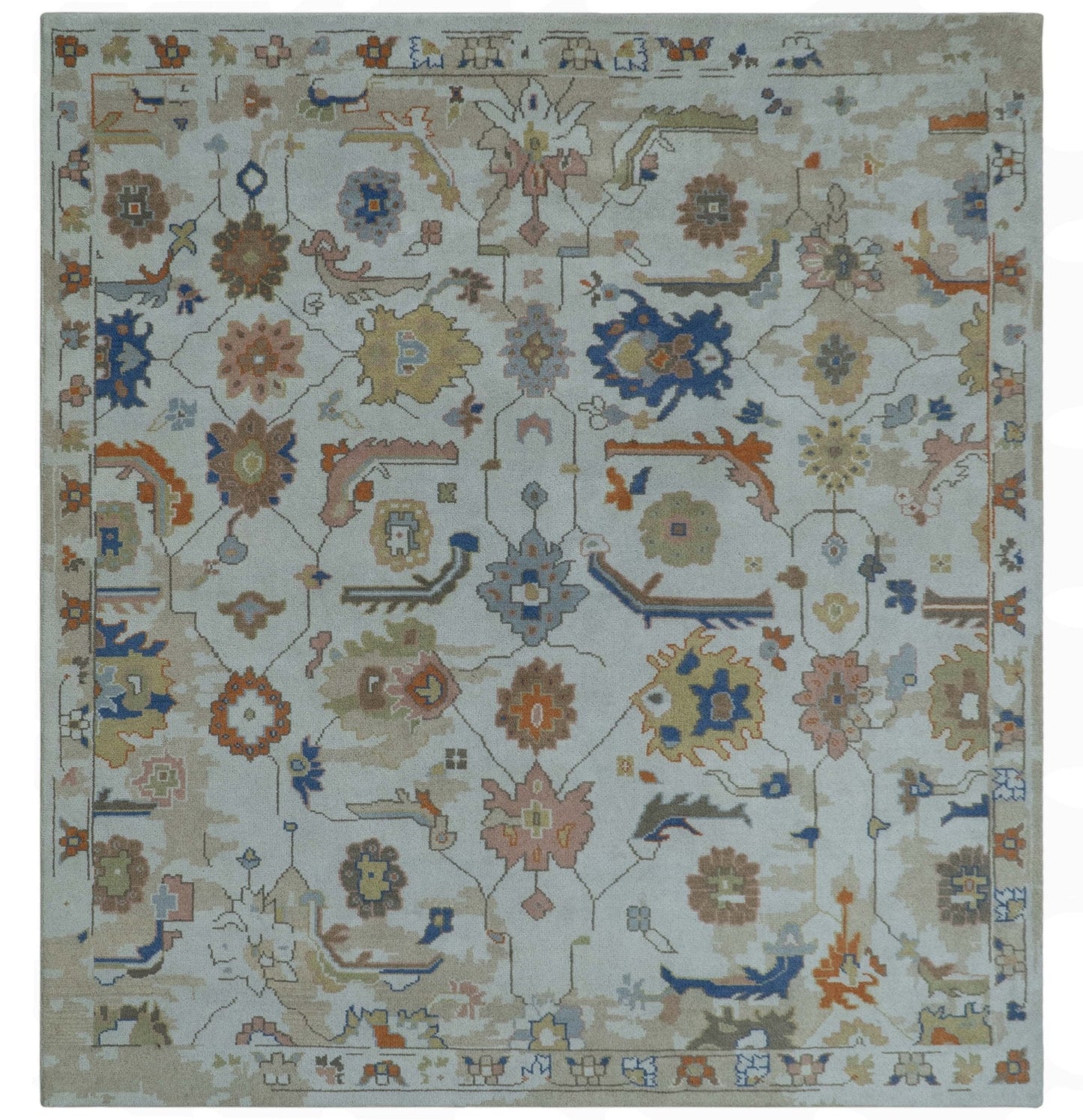 Colorful Ivory, Blue, Orange and Olive Hand Knotted Traditional Oriental Oushak Custom Made wool area Rug - Marsh and Manor Collective