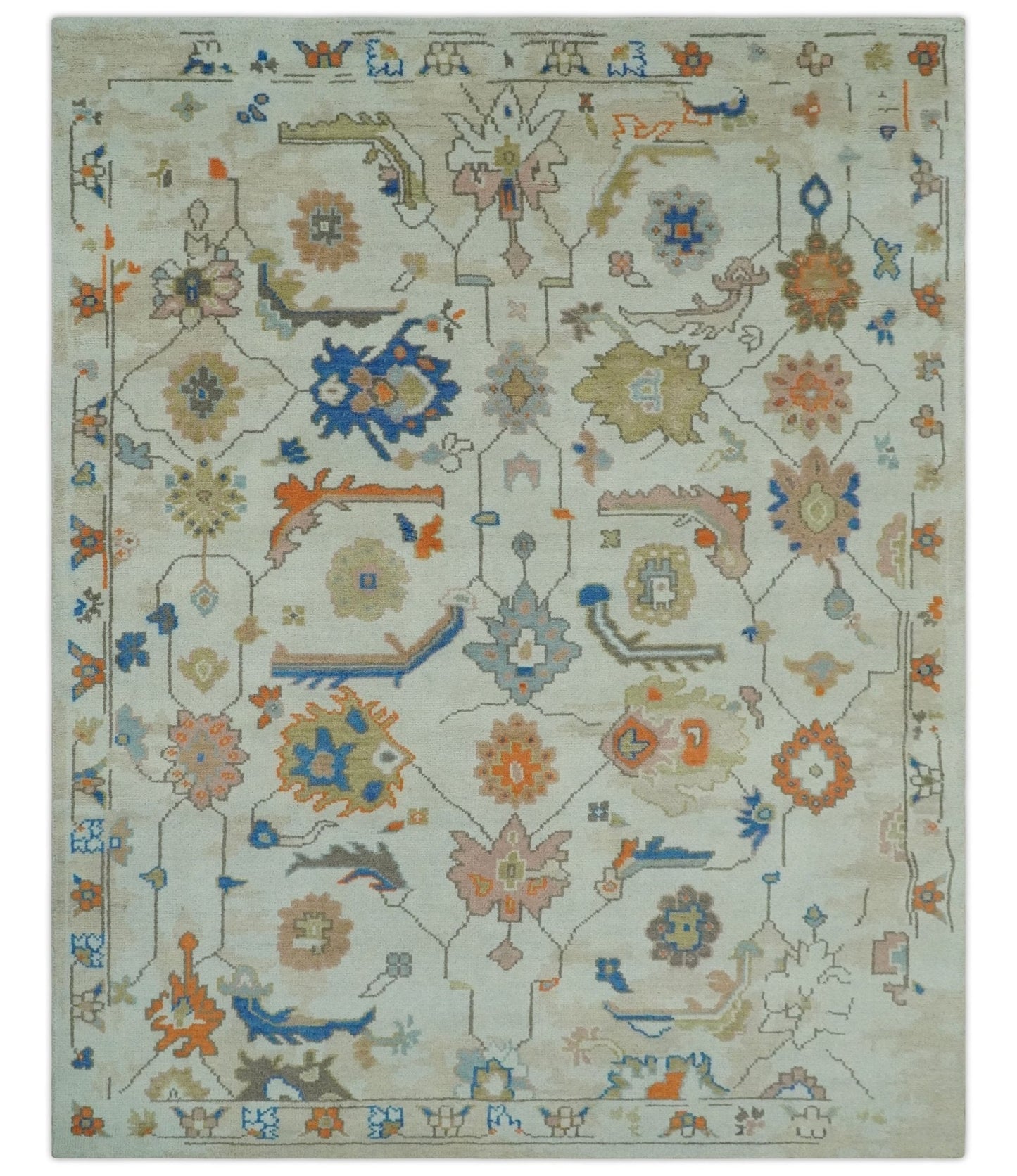 Colorful Ivory, Blue, Orange and Olive Hand Knotted Traditional Oriental Oushak Custom Made wool area Rug - Marsh and Manor Collective