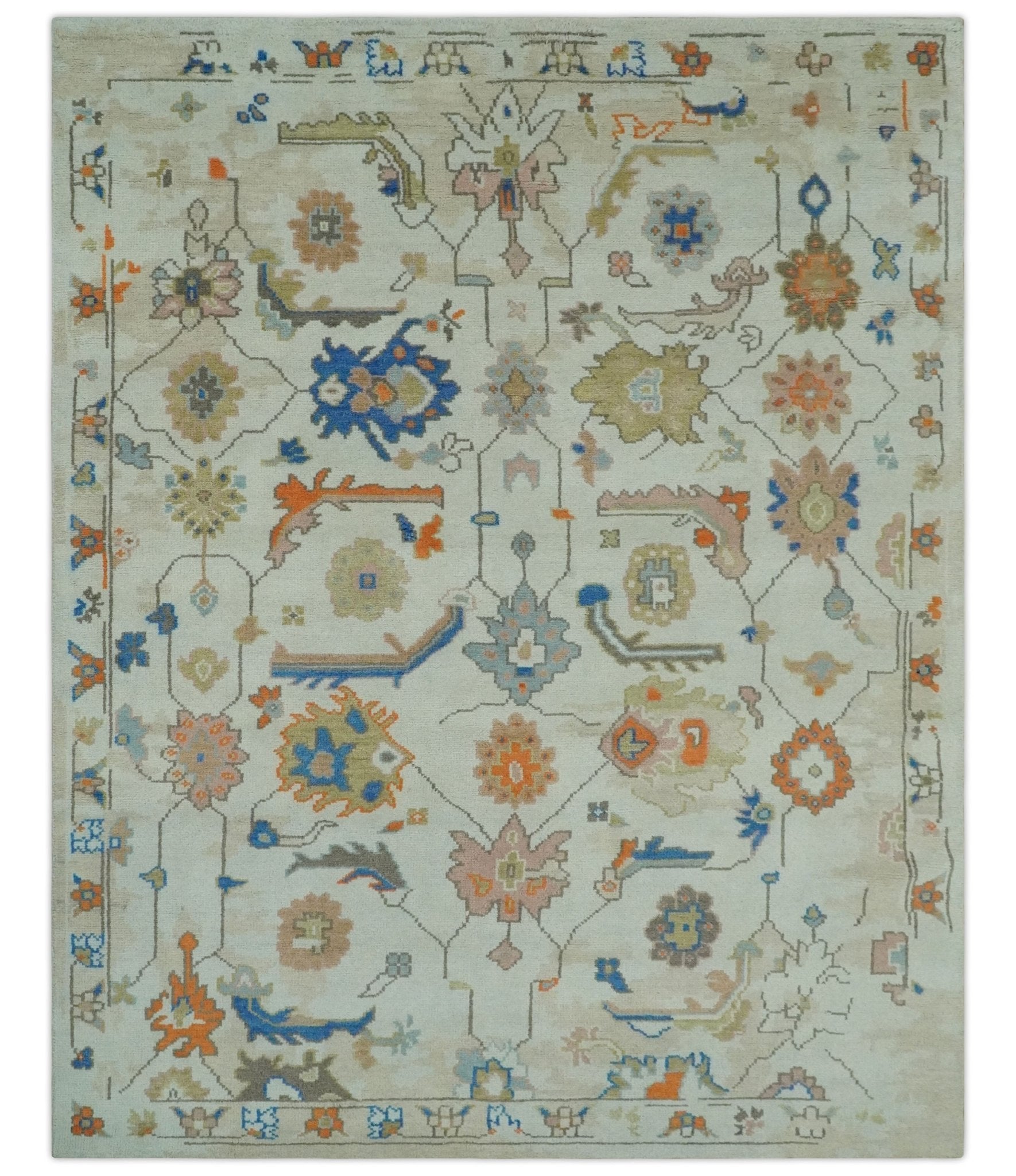 Colorful Ivory, Blue, Orange and Olive Hand Knotted Traditional Oriental Oushak Custom Made wool area Rug - Marsh and Manor Collective