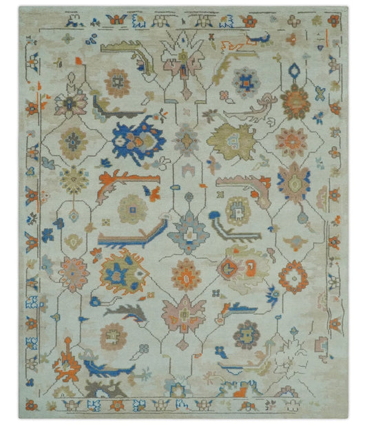 Colorful Ivory, Blue, Orange and Olive Hand Knotted Traditional Oriental Oushak Custom Made wool area Rug - Marsh and Manor Collective