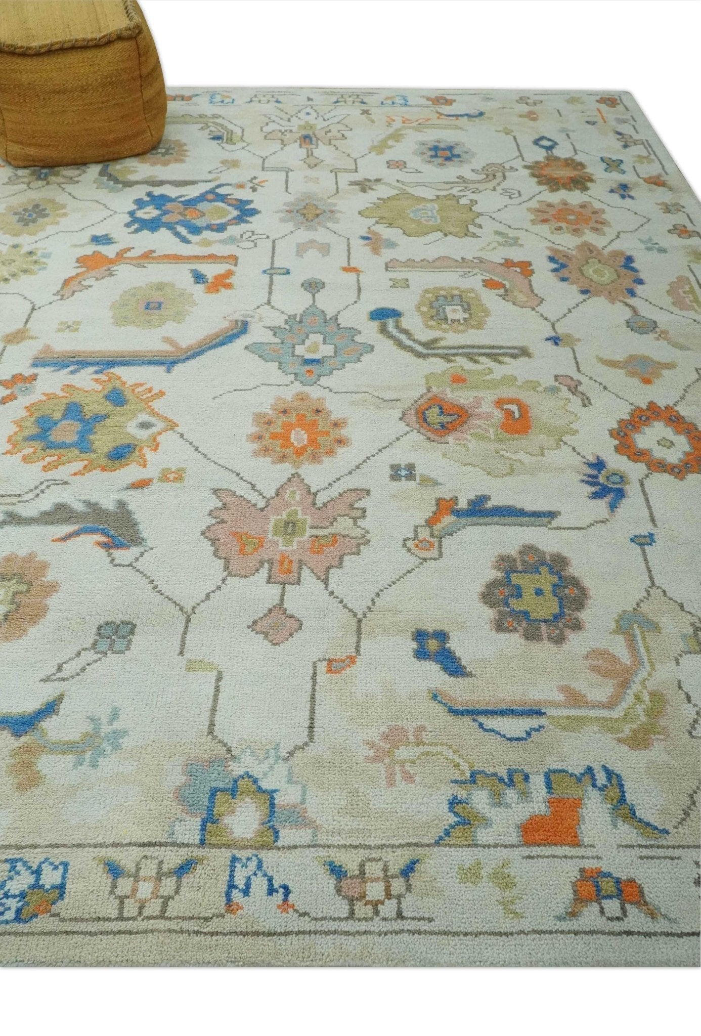 Colorful Ivory, Blue, Orange and Olive Hand Knotted Traditional Oriental Oushak Custom Made wool area Rug - Marsh and Manor Collective
