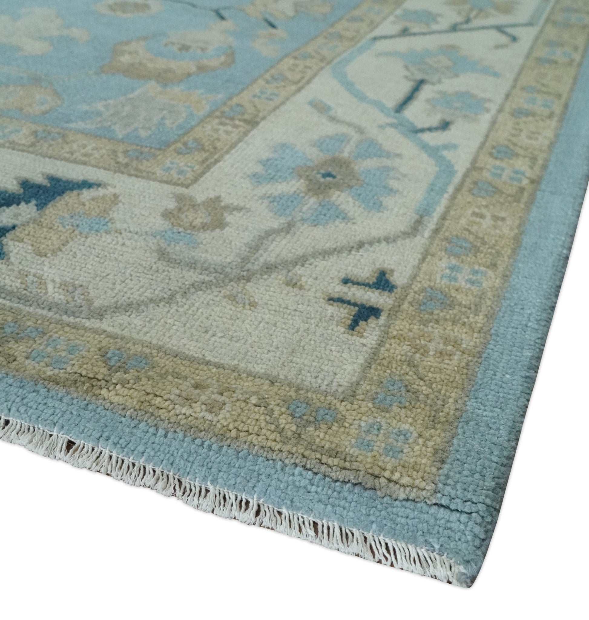 Custom made, Antique Blue, Ivory and Beige Multi Size Traditional Oushak Wool Rug - Marsh and Manor Collective
