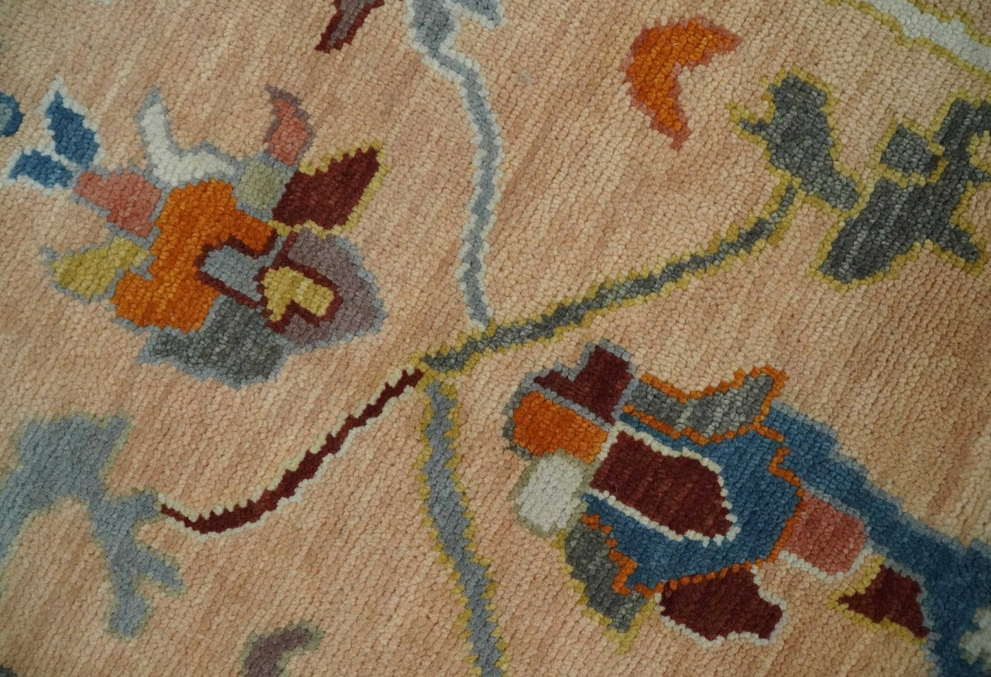 Custom Made Colorful Peach and Green Hand knotted Oushak wool Area Rug - Marsh and Manor Collective