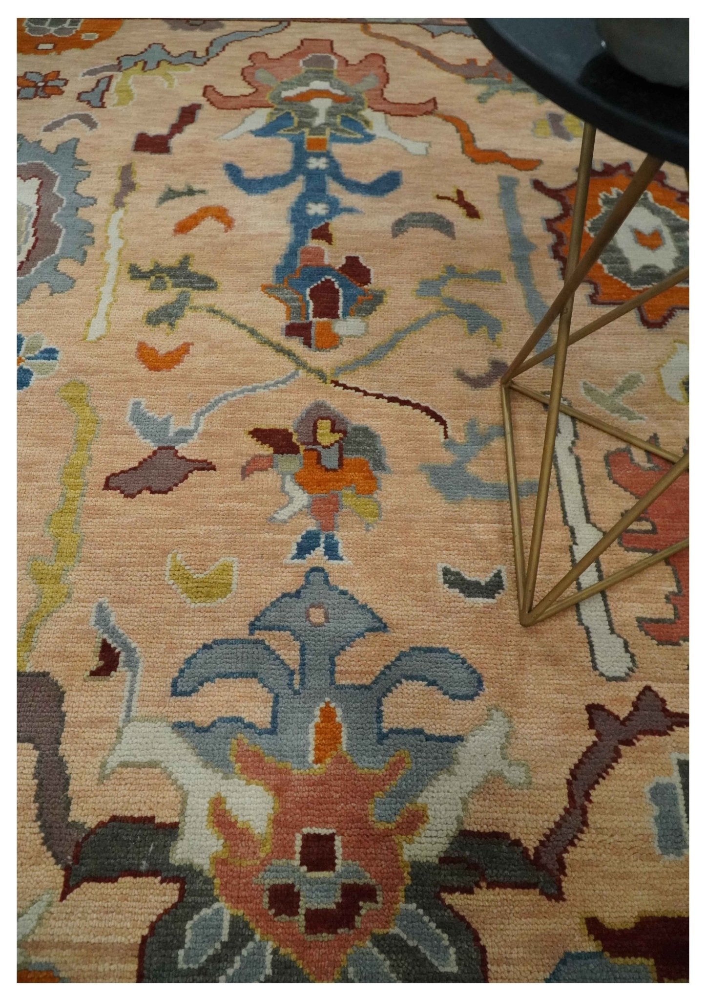 Custom Made Colorful Peach and Green Hand knotted Oushak wool Area Rug - Marsh and Manor Collective