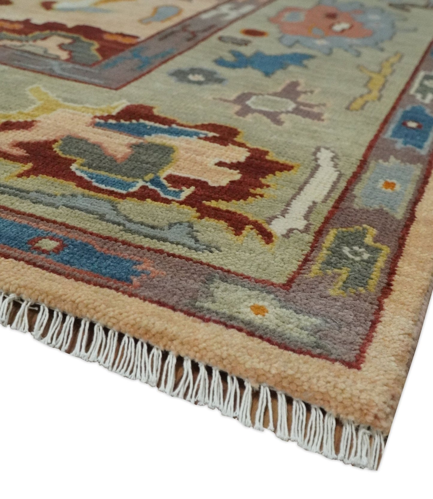 Custom Made Colorful Peach and Green Hand knotted Oushak wool Area Rug - Marsh and Manor Collective