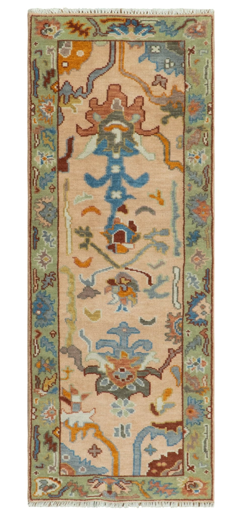 Custom Made Colorful Peach and Green Hand knotted Oushak wool Area Rug - Marsh and Manor Collective