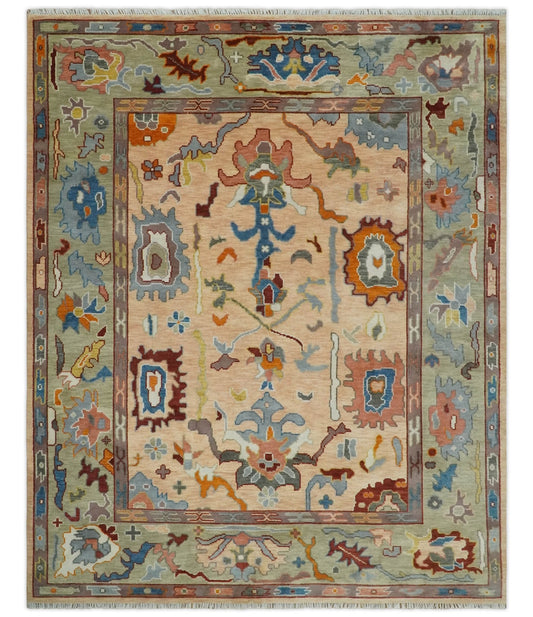 Custom Made Colorful Peach and Green Hand knotted Oushak wool Area Rug - Marsh and Manor Collective