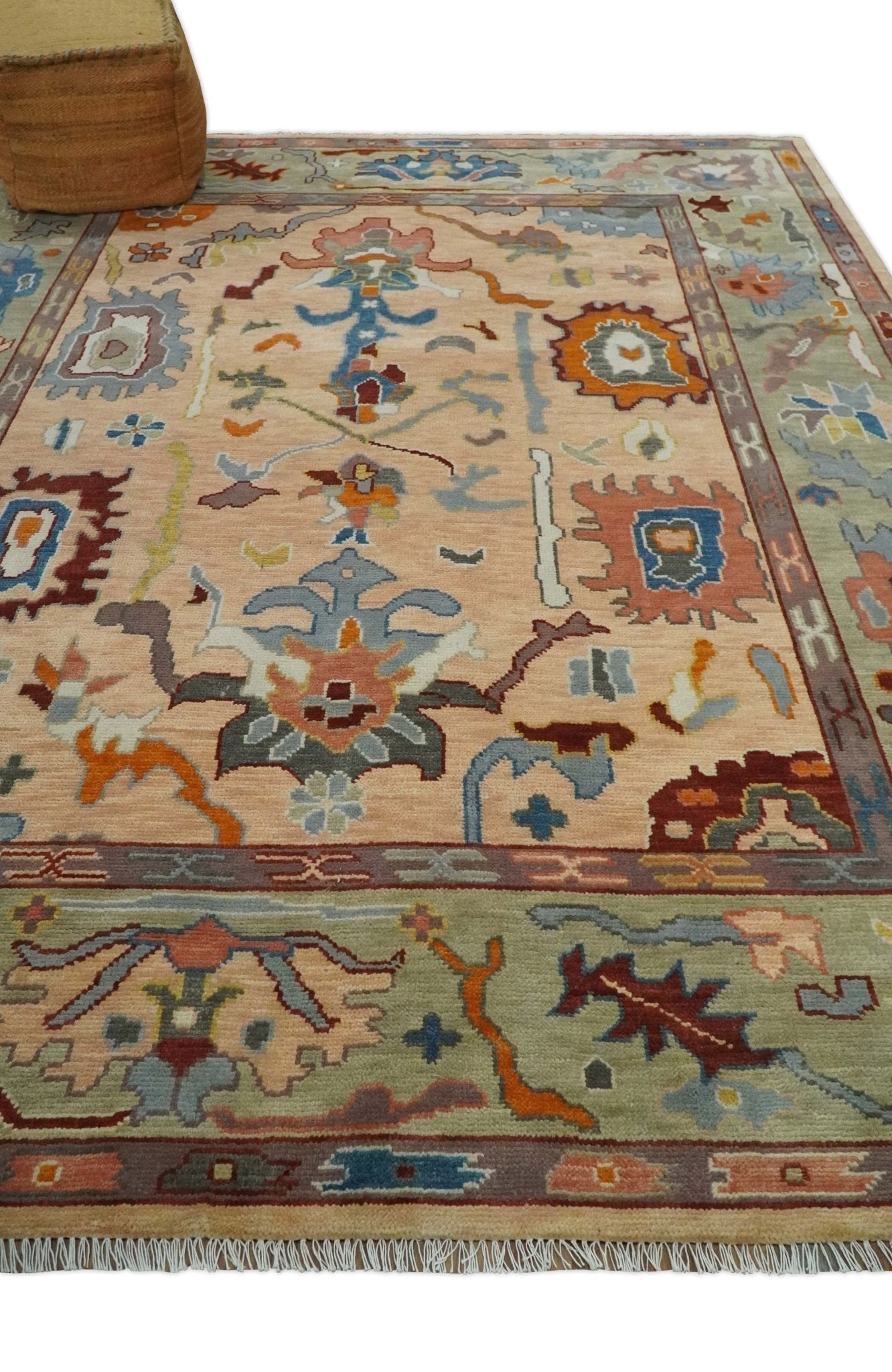 Custom Made Colorful Peach and Green Hand knotted Oushak wool Area Rug - Marsh and Manor Collective