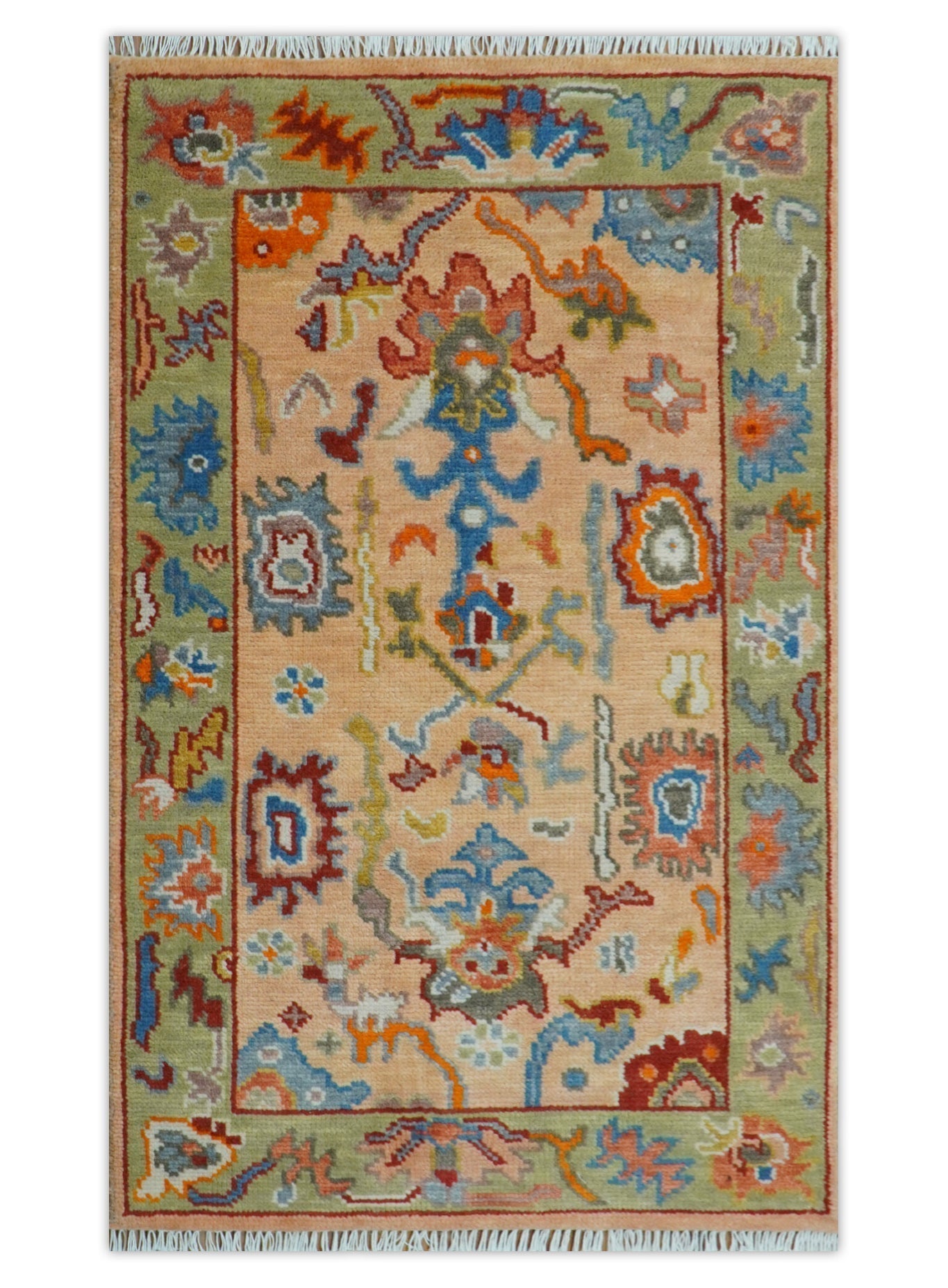 Custom Made Colorful Peach and Green Hand knotted Oushak wool Area Rug - Marsh and Manor Collective
