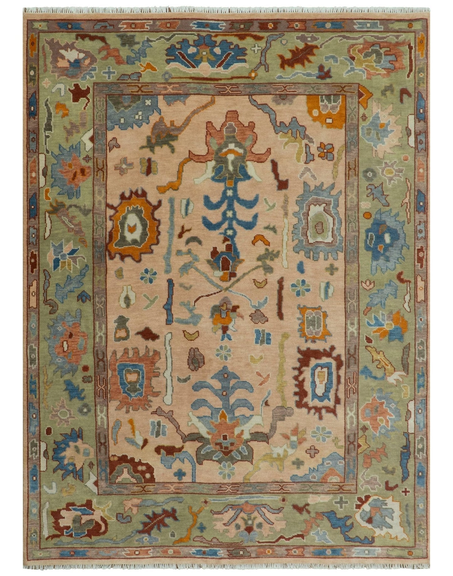 Custom Made Colorful Peach and Green Hand knotted Oushak wool Area Rug - Marsh and Manor Collective