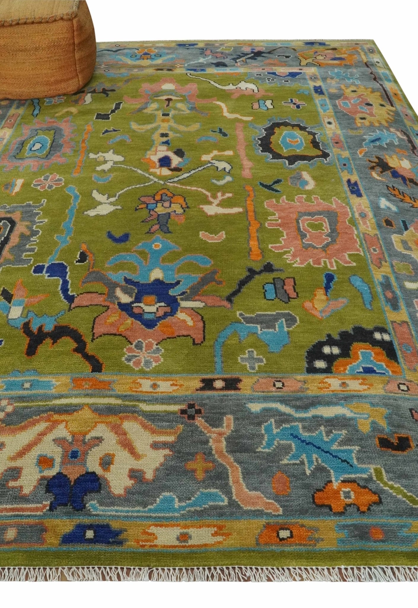 Custom Made Green, Gray and Peach Colorful Hand knotted Traditional Oushak wool Area Rug - Marsh and Manor Collective