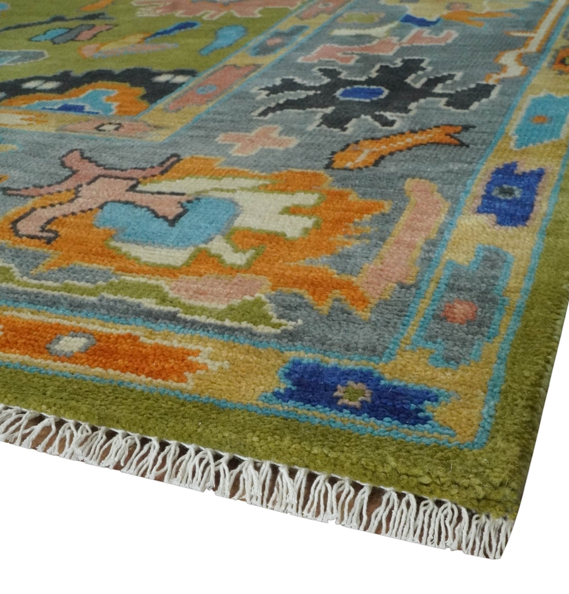Custom Made Green, Gray and Peach Colorful Hand knotted Traditional Oushak wool Area Rug - Marsh and Manor Collective
