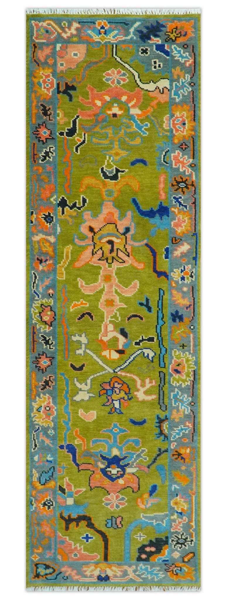 Custom Made Green, Gray and Peach Colorful Hand knotted Traditional Oushak wool Area Rug - Marsh and Manor Collective