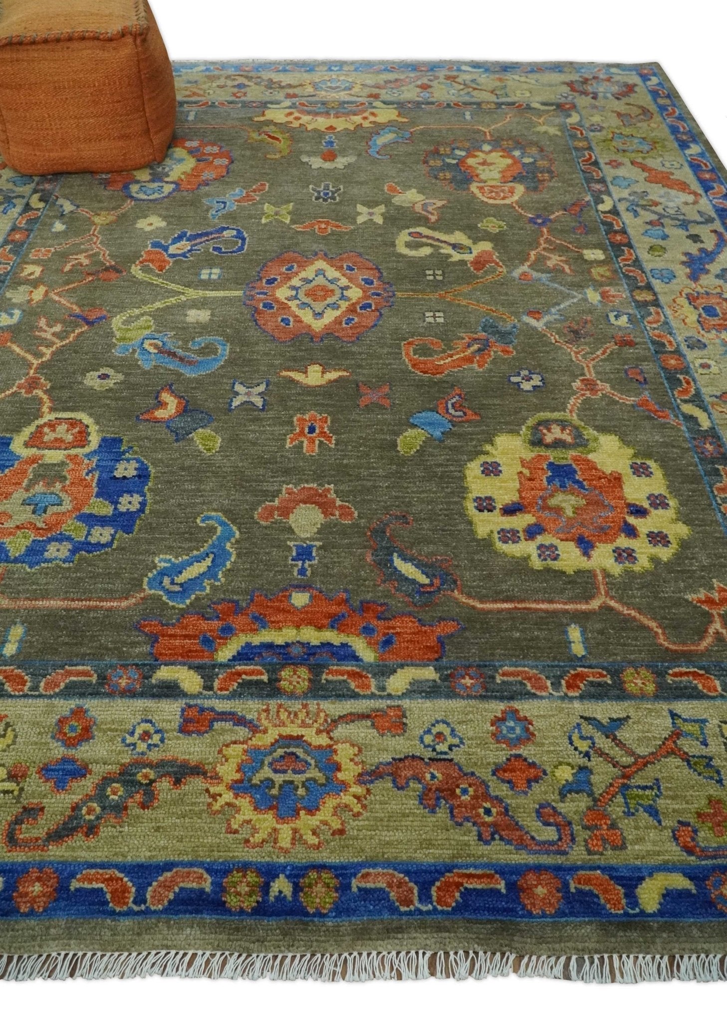Custom made, Olive and Blue Vibrant Colorful Traditional Oushak Multi Size wool Area Rug - Marsh and Manor Collective