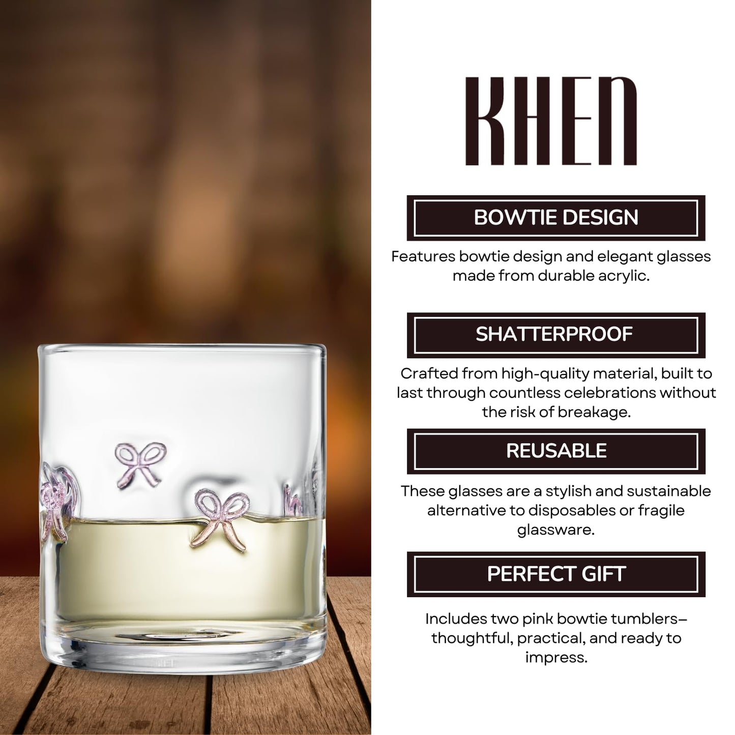 Khen Bowtie Tumblers Set Stylish Break Resistant Acrylic Drinkware for Cocktail Wedding Gift Use - Set of 2 Pink - Marsh and Manor Collective