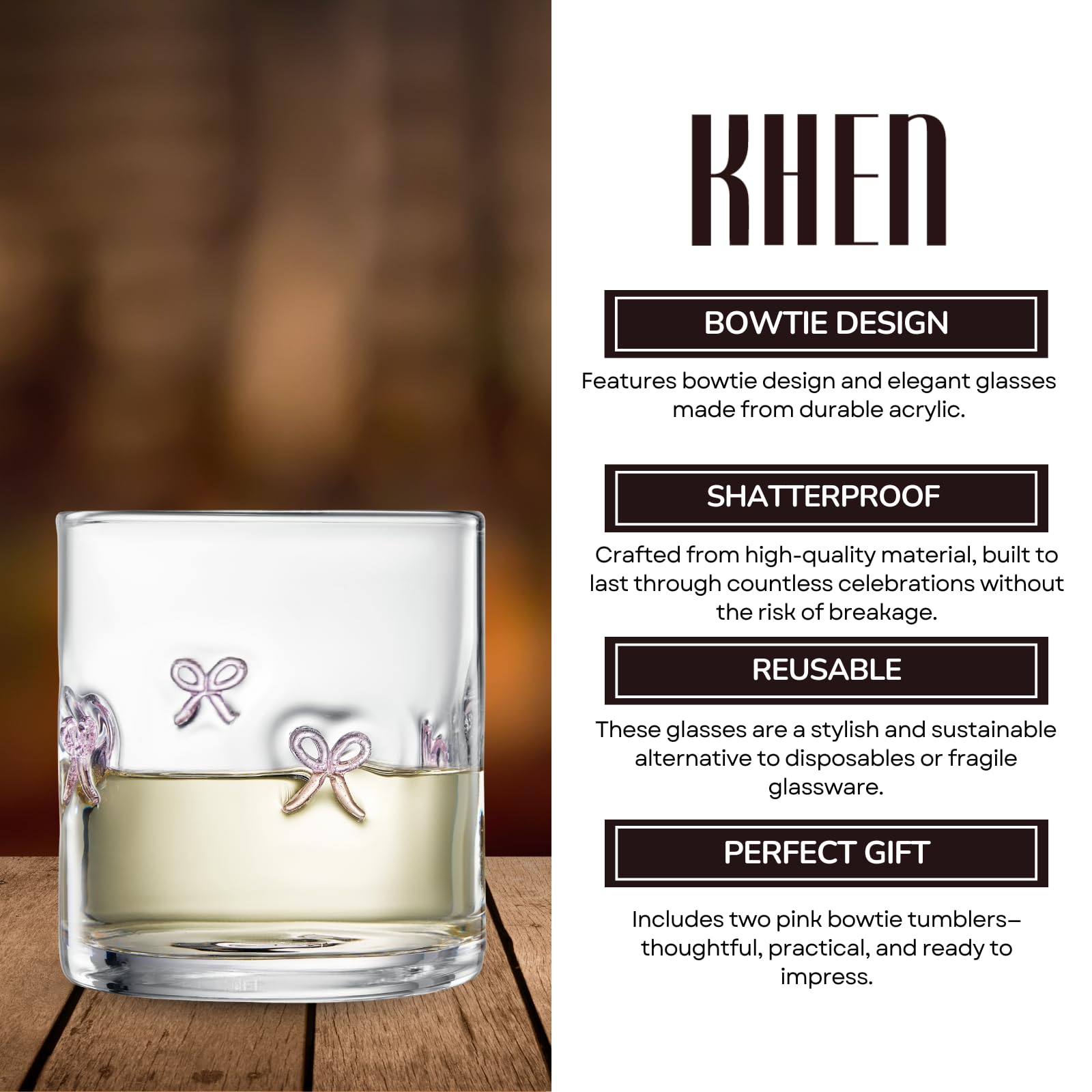 Khen Bowtie Tumblers Set Stylish Break Resistant Acrylic Drinkware for Cocktail Wedding Gift Use - Set of 2 Pink - Marsh and Manor Collective