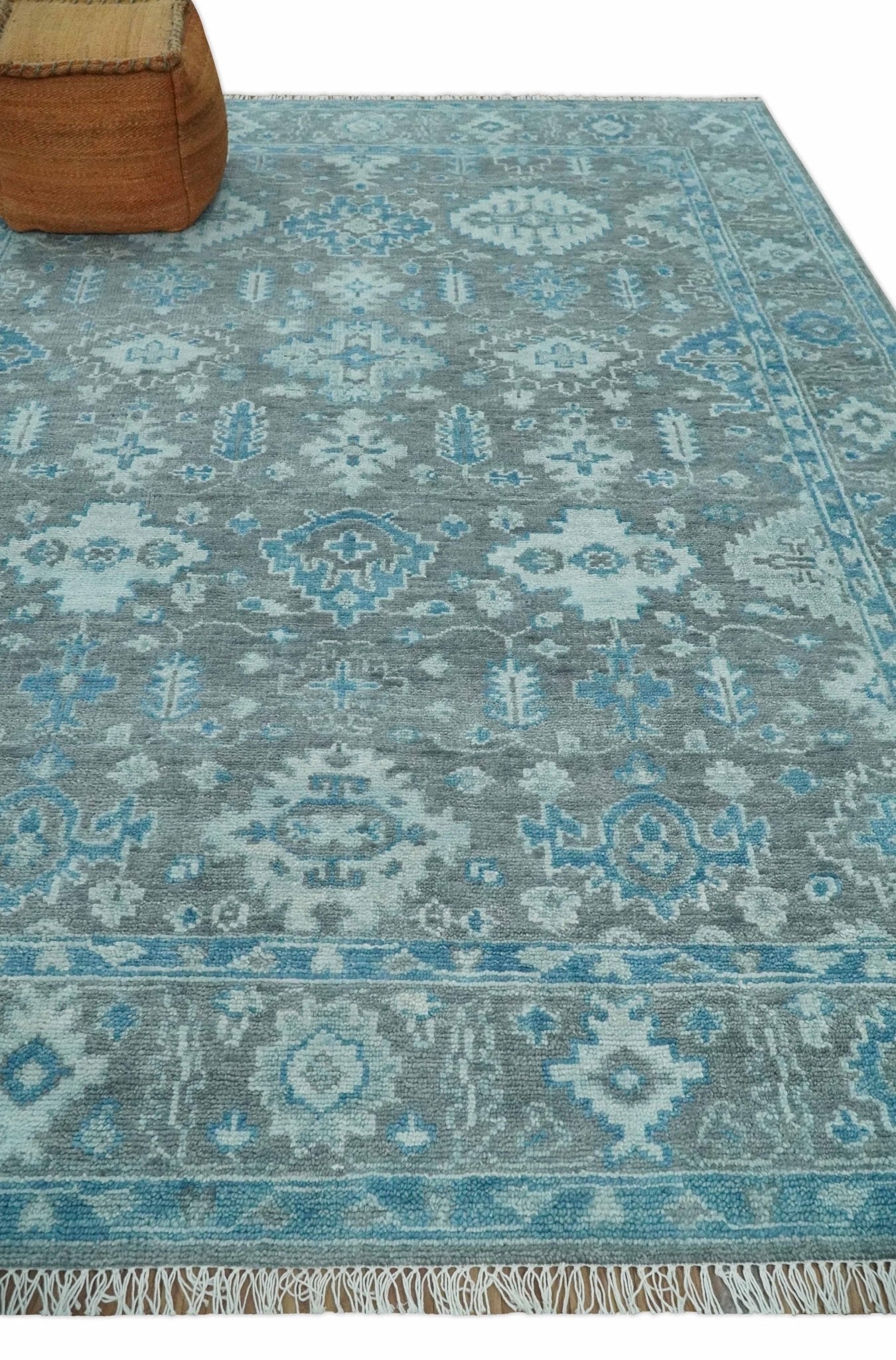Made to order, Antique Gray and Blue Hand Knotted 8x10 Oushak Turkish Wool Area Rug - Marsh and Manor Collective