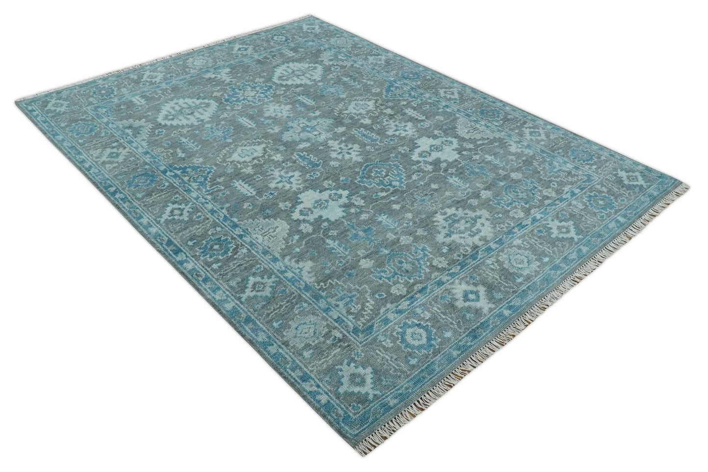 Made to order, Antique Gray and Blue Hand Knotted 8x10 Oushak Turkish Wool Area Rug - Marsh and Manor Collective