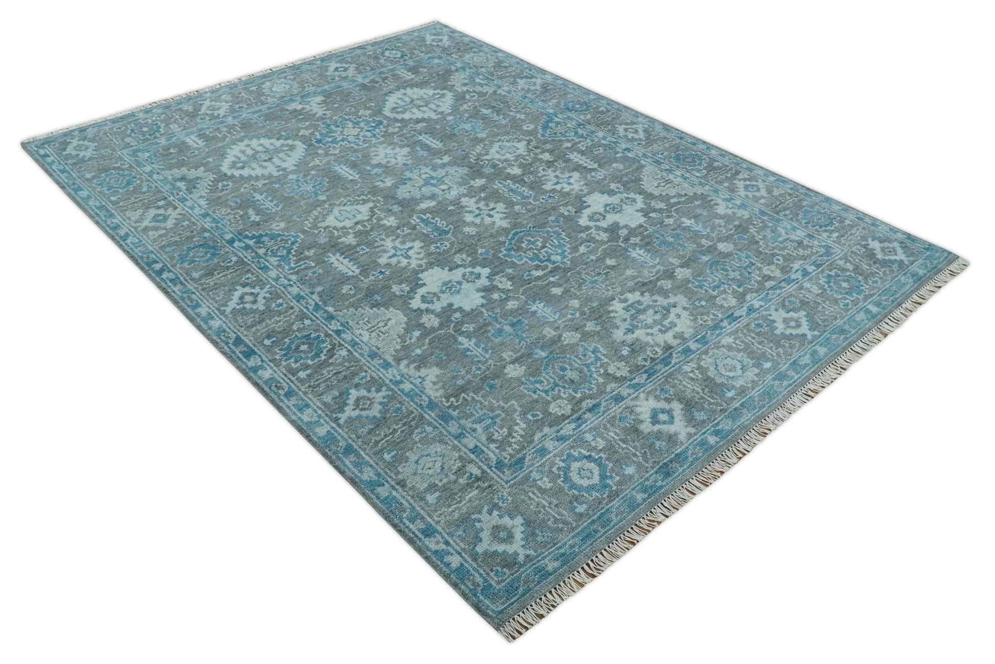 Made to order, Antique Gray and Blue Hand Knotted 8x10 Oushak Turkish Wool Area Rug - Marsh and Manor Collective
