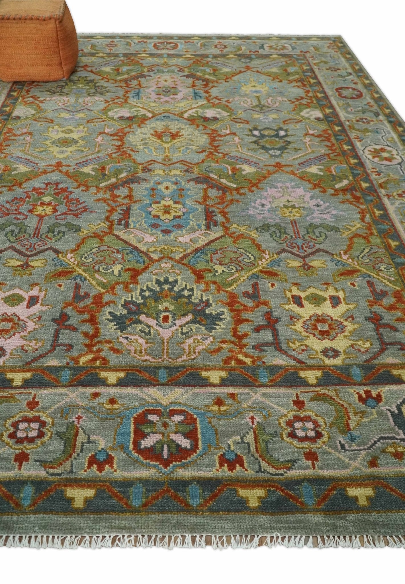 Made to order, Antique Moss All Wool Traditional Persian Silver, Rust and Green Hand knotted Oushak Area Rug | TRDCP718 - Marsh and Manor Collective