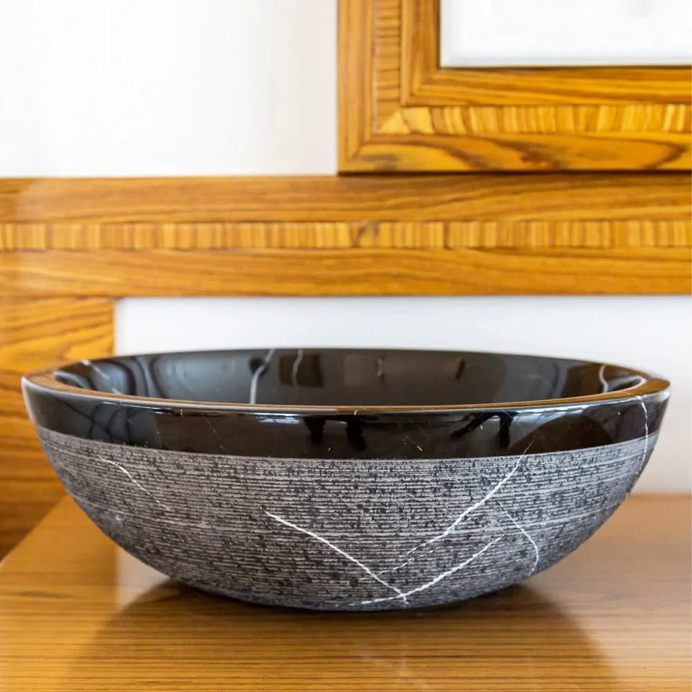 Natural Stone Toros Black Marble Above Vanity Bathroom Sink Rustic Outside (D)16" (H)6" - Marsh and Manor Collective
