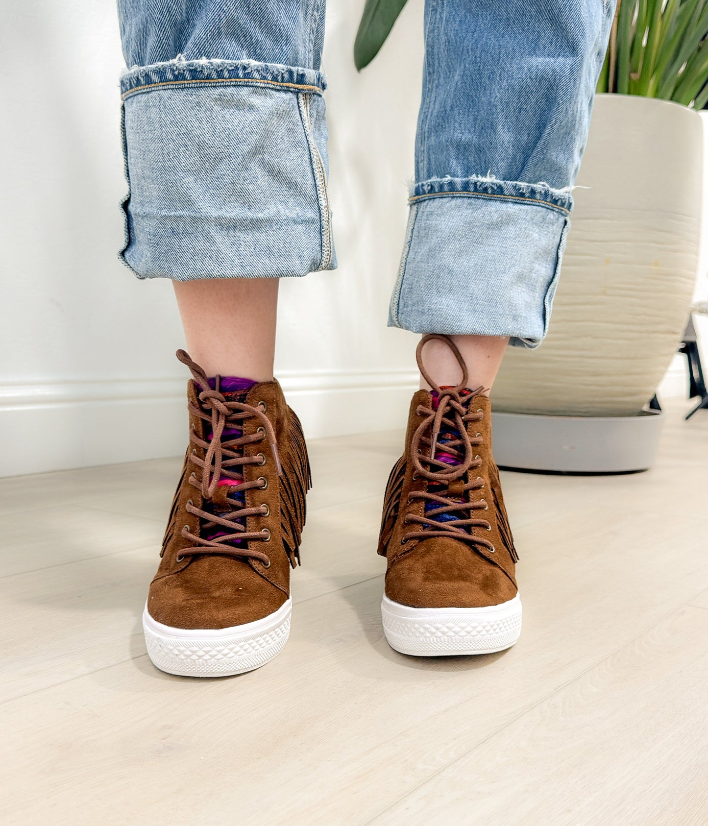 Nick Fringe Sneaker Wedge in Brown