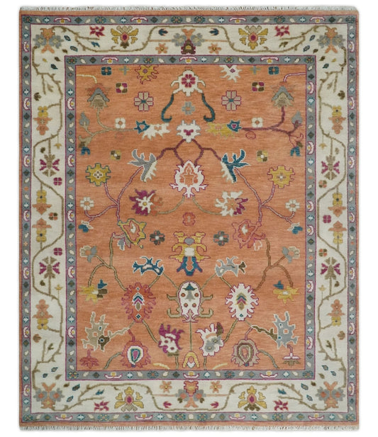 Peach and Ivory Hand knotted Oushak Custom Made wool Area Rug - Marsh and Manor Collective
