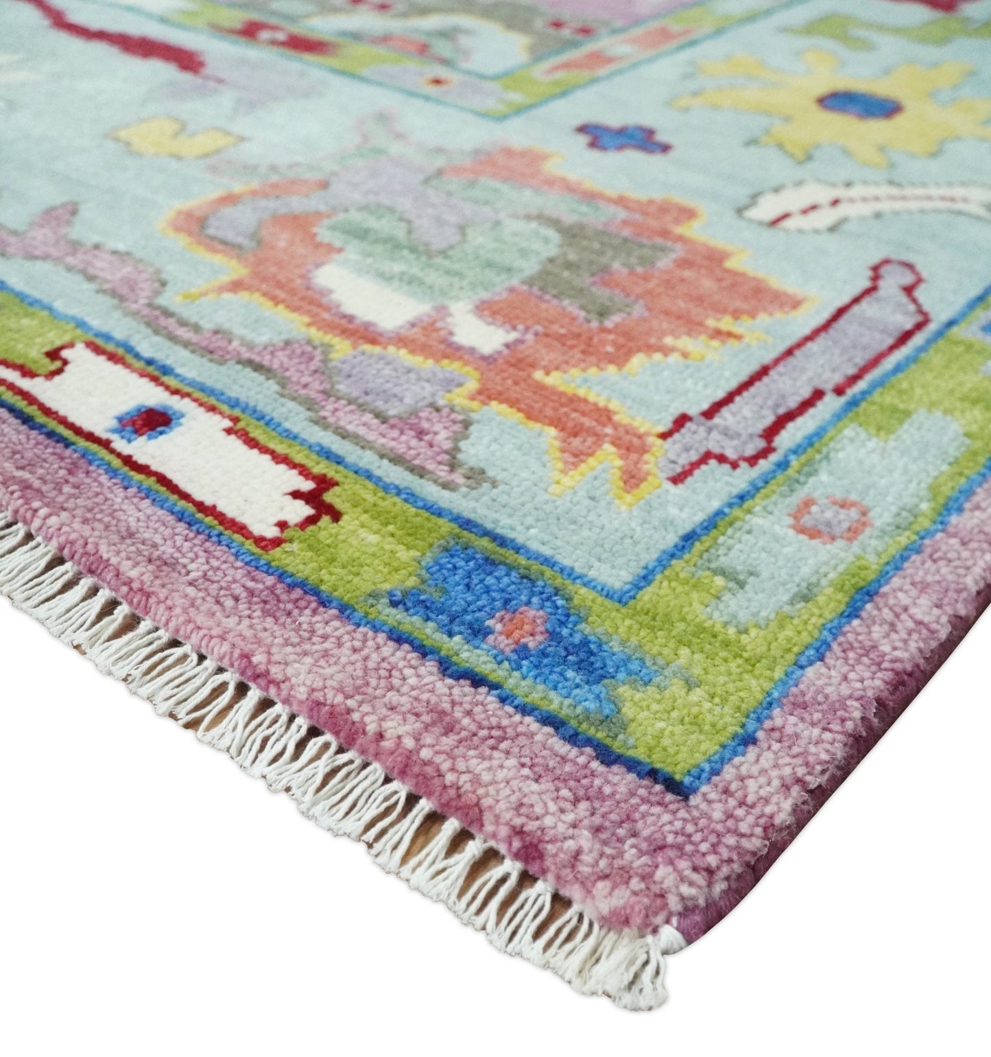 Pink Oushak Rug Wool Blue Colorful Hand knotted Traditional Oushak Custom Made wool Area Rug - Marsh and Manor Collective