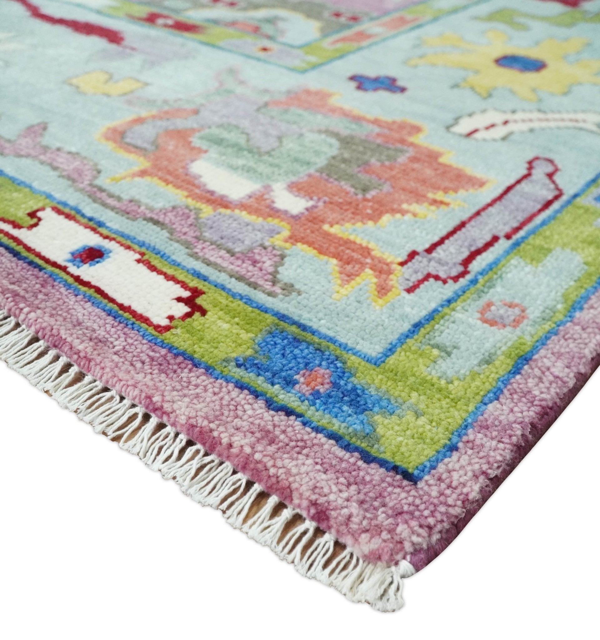 Pink Oushak Rug Wool Blue Colorful Hand knotted Traditional Oushak Custom Made wool Area Rug - Marsh and Manor Collective