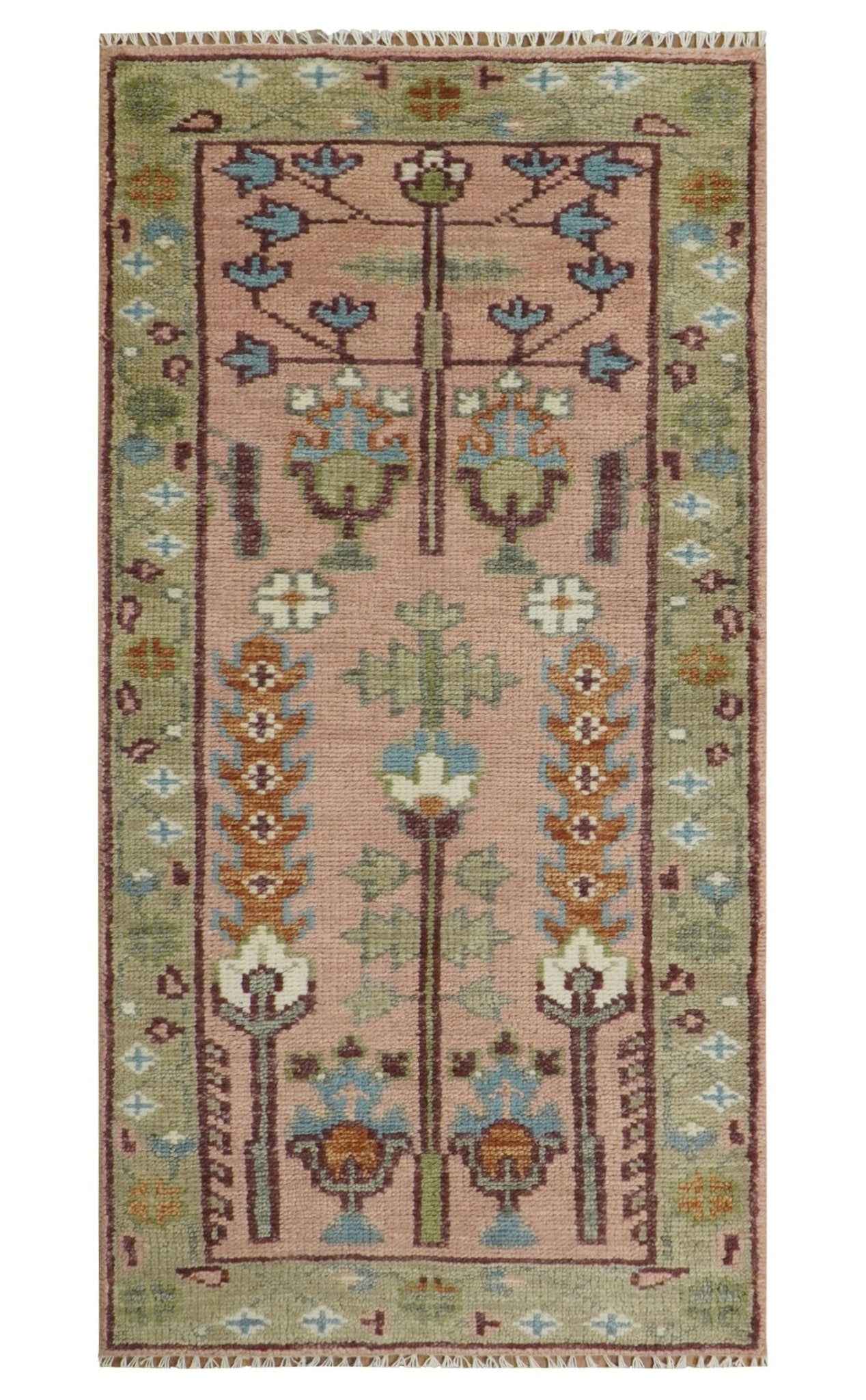 Ready to Ship Pink, Olive and Beige Traditional Vintage Style Tree Wool Rug - Marsh and Manor Collective