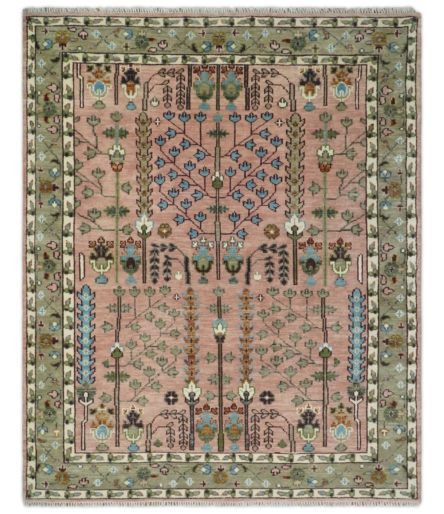 Ready to Ship Pink, Olive and Beige Traditional Vintage Style Tree Wool Rug - Marsh and Manor Collective