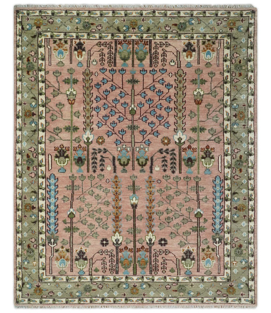 Ready to Ship Pink, Olive and Beige Traditional Vintage Style Tree Wool Rug - Marsh and Manor Collective