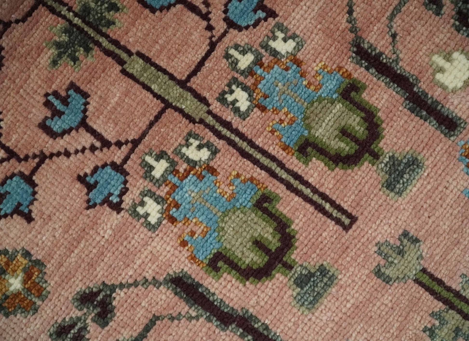 Ready to Ship Pink, Olive and Beige Traditional Vintage Style Tree Wool Rug - Marsh and Manor Collective