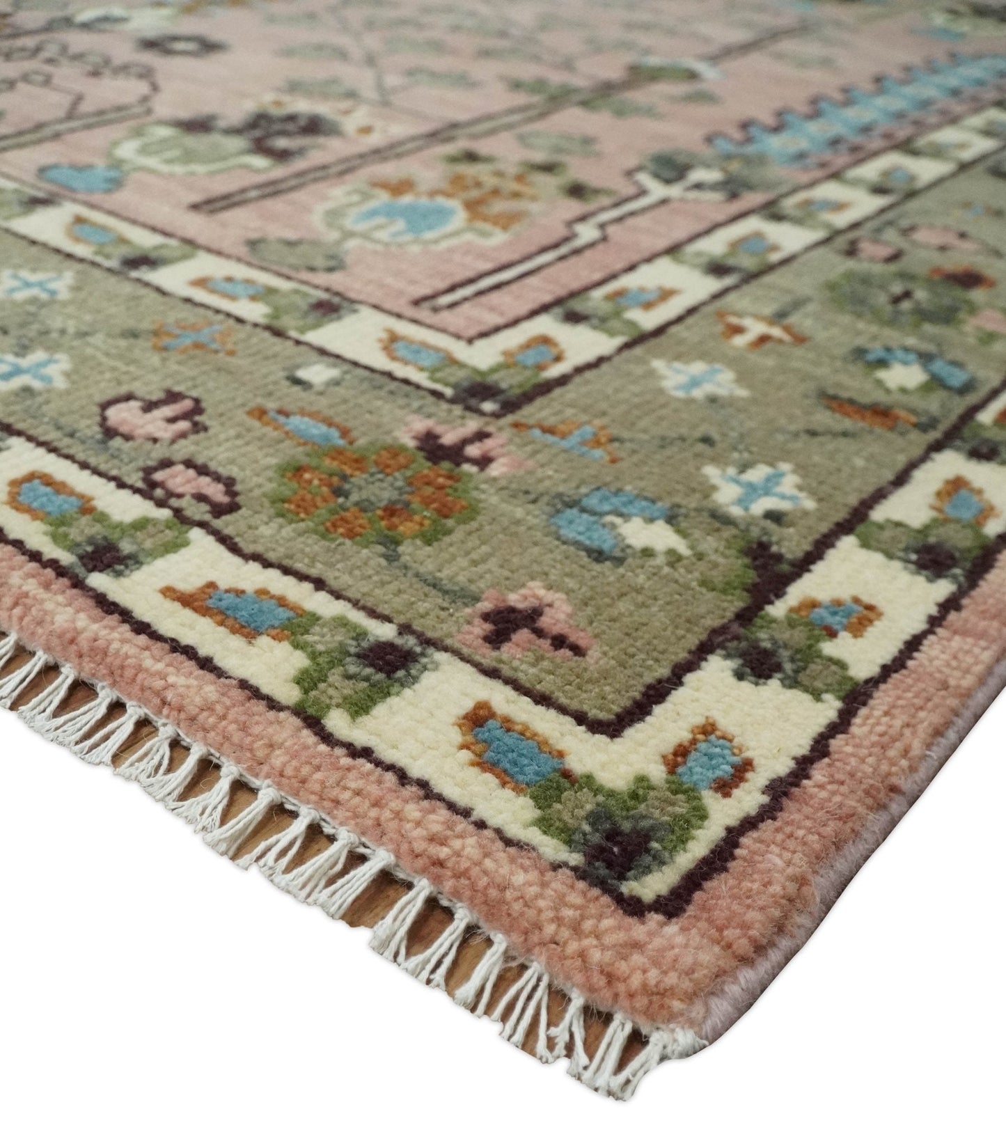 Ready to Ship Pink, Olive and Beige Traditional Vintage Style Tree Wool Rug - Marsh and Manor Collective